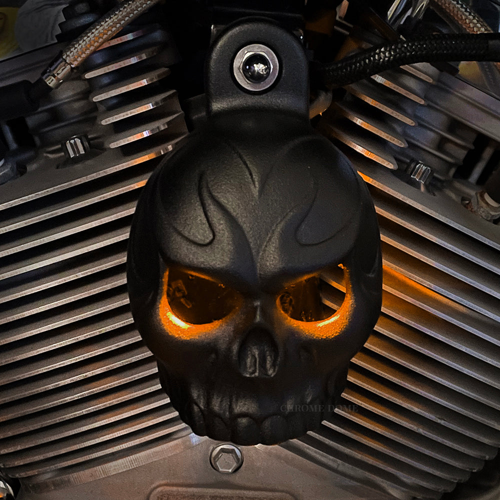 Harley Horn Covers - Evil Twin Skull with backlit LED eyes