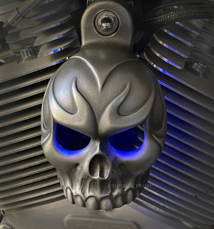 Harley Horn Covers - Evil Twin Skull with backlit LED eyes