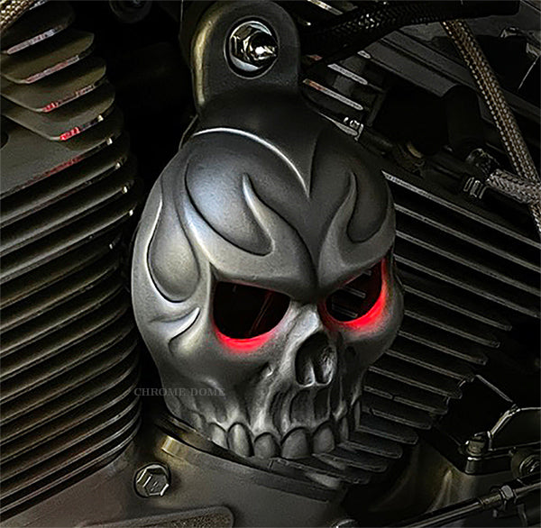 Harley Horn Covers - Evil Twin Skull with backlit LED eyes