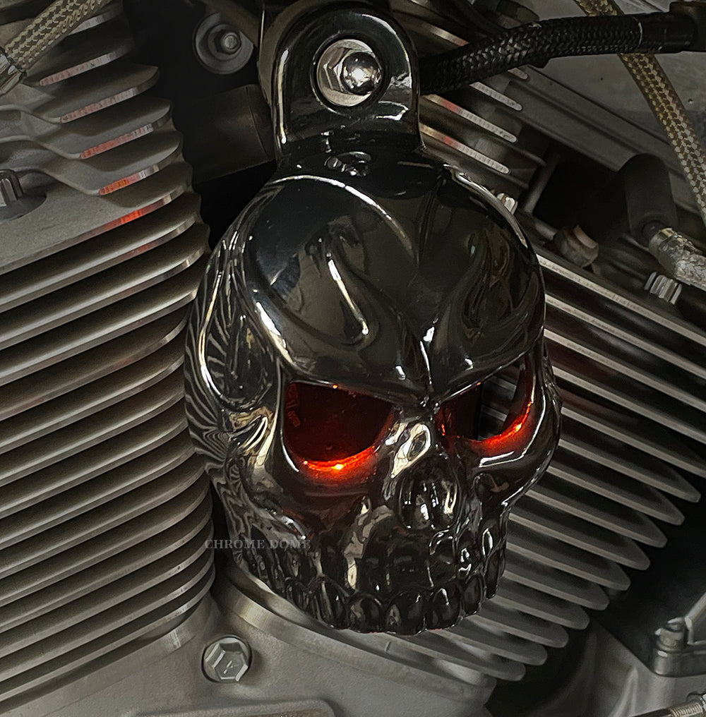 Harley Horn Covers - Evil Twin Skull with backlit LED eyes