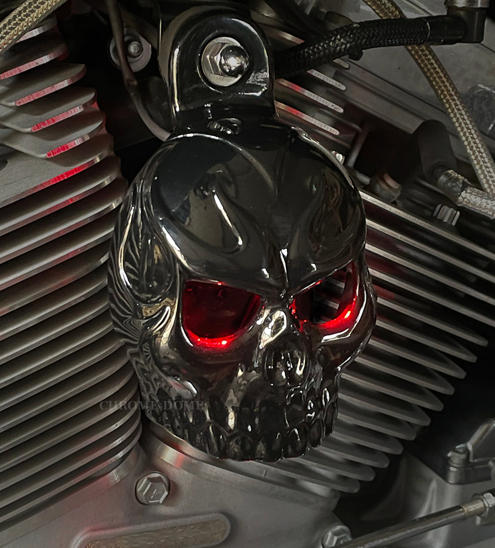 Harley Horn Covers - Evil Twin Skull with backlit LED eyes