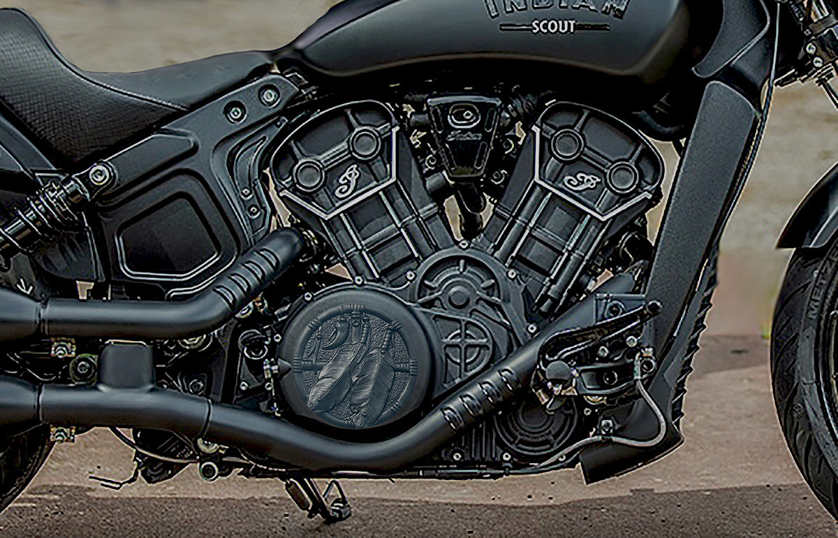Indian Scout Derby Cover Medicine Wheel black powder coat MWIS-B