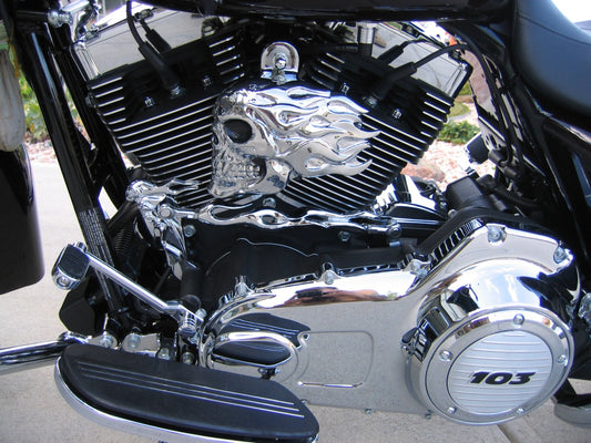 Harley Horn Covers Flaming Skull