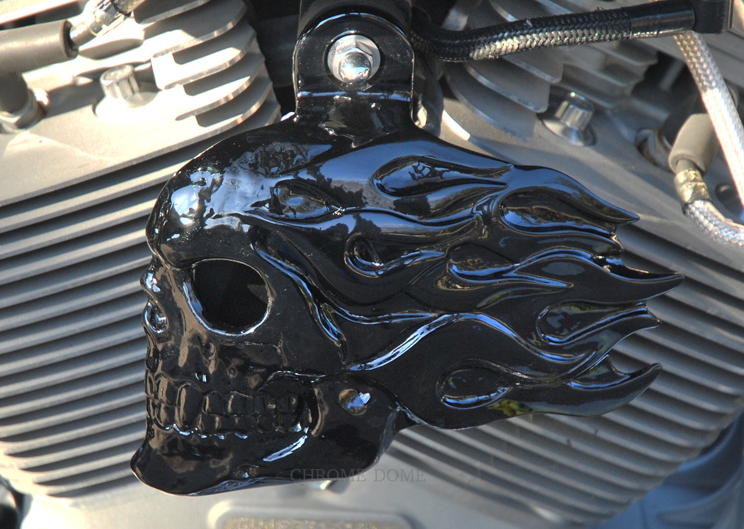 Harley Horn Covers Flaming Skull – Chrome Dome Motorcycle Products