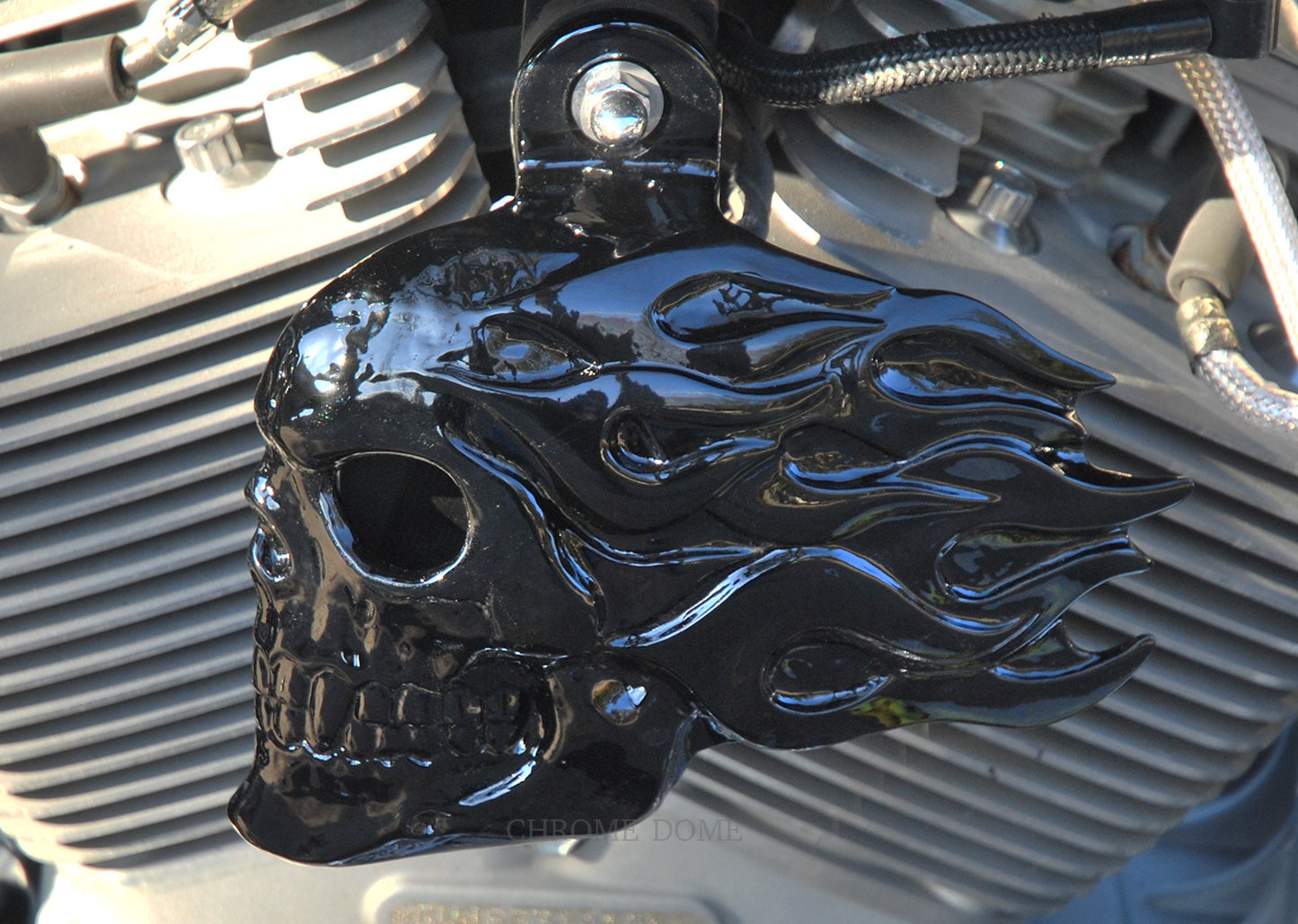 Harley Horn Covers Flaming Skull